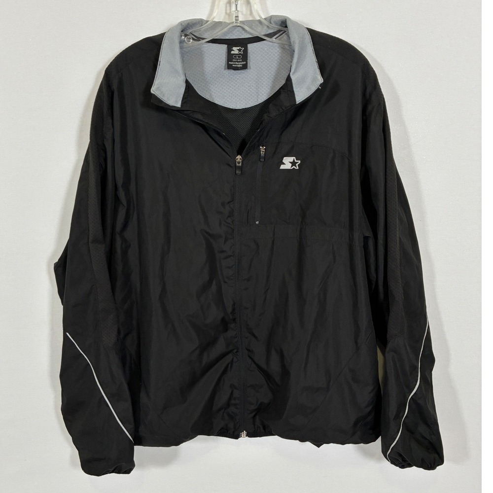 Starter Mens Black Full Zip Windbreaker Jacket Reflective Trim Size Large